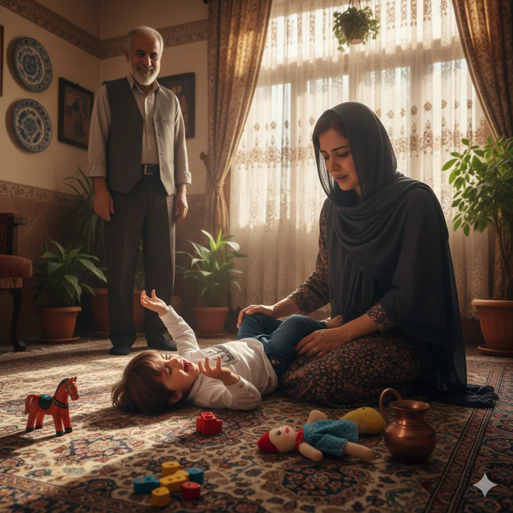 "کودک لجباز با عبوس نشسته و مادر در حال توضیح و آرام کردن او"