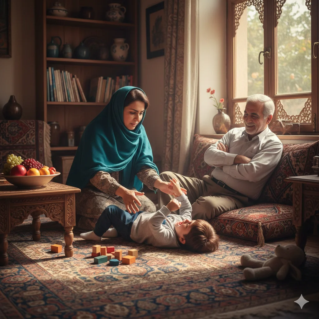 "کودک و مادر در حال تعامل، مادر تلاش میکند به لجبازی کودک پاسخ دهد"