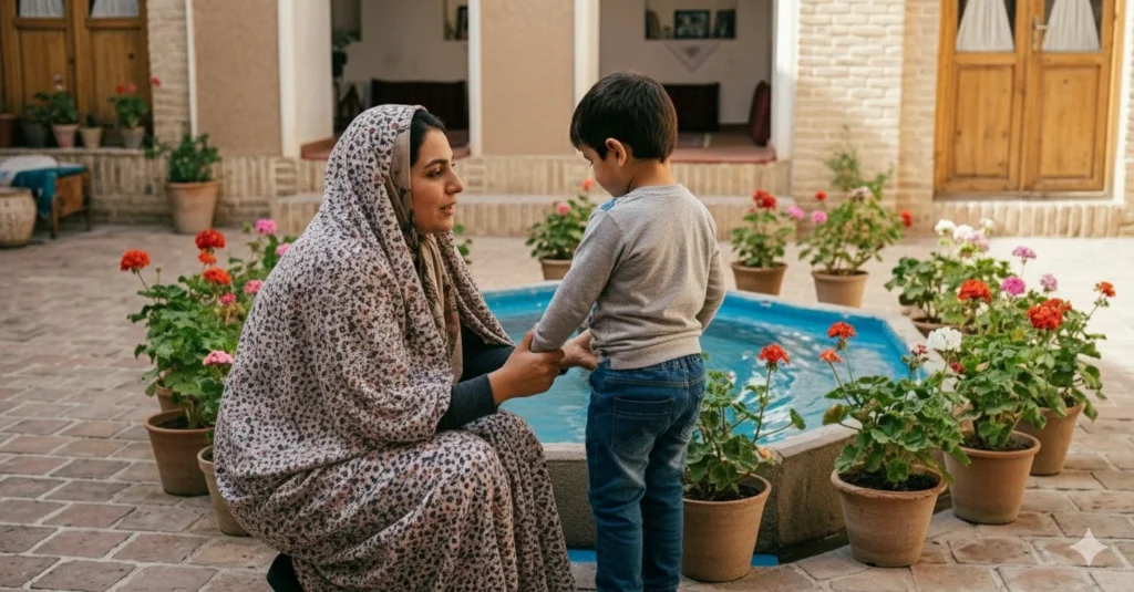 "مادر و کودک در حال گفتگو درباره لجبازی در خانه، با چهرههای متفاوت"