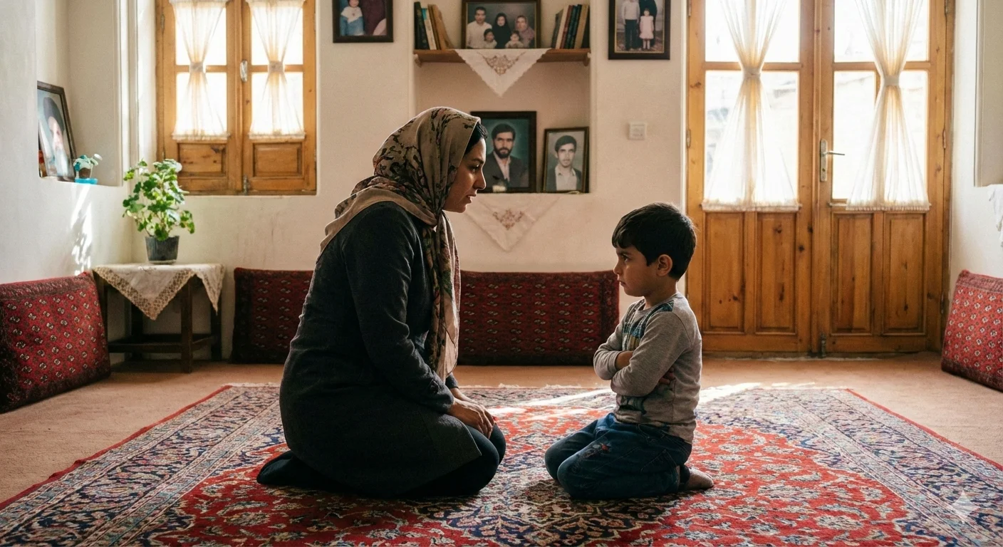 "پدر و مادر ایرانی با کودک لجباز در اتاق نشیمن، تلاش برای مدیریت رفتار کودک"